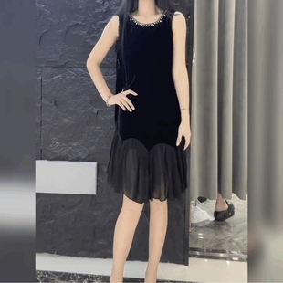 赫本风无袖 雪纺拼冰丝绒荷叶边裙小香风背心裙法式 金丝绒连衣裙女