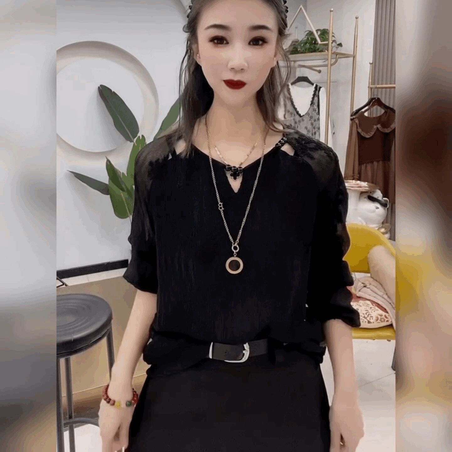 灯笼袖宽松串珠蕾丝雪纺T恤女圆领百搭打底衫高级感法式黑色上衣