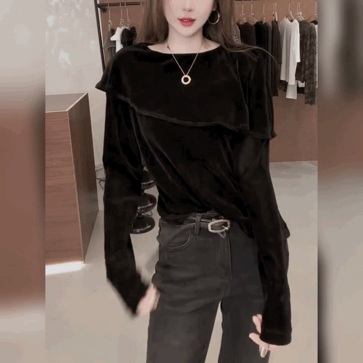 洋气设计感斗篷肩长袖丝绒T恤女时尚百搭气质打底衫法式简约上衣