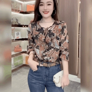 衬衫 复古碎花雪纺V领长袖 女洋气遮肉宽松系带上衣 法式 荷叶边小衫