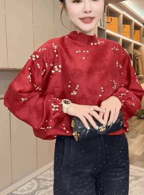 小碎花雪纺衬衫女红色上衣
