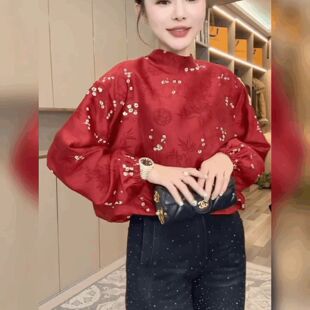 小碎花雪纺衬衫女时髦洋气高级感T恤衫气质立领长袖法式红色上衣