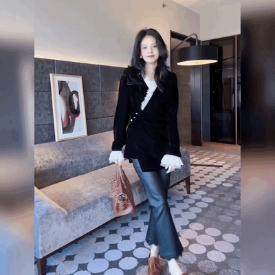 法式蕾丝花边V领丝绒衬衫女