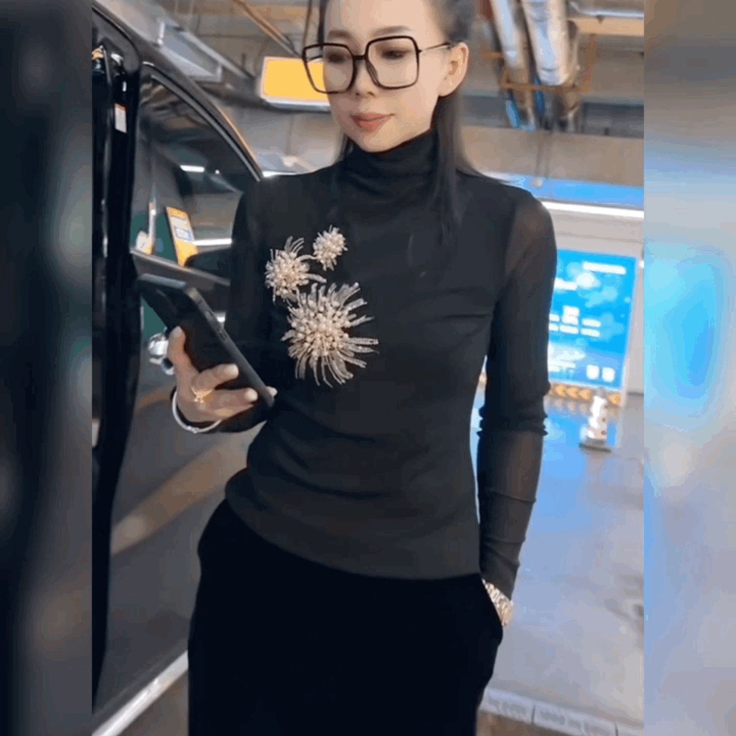 法式复古黑色重工钉珠长袖T恤女