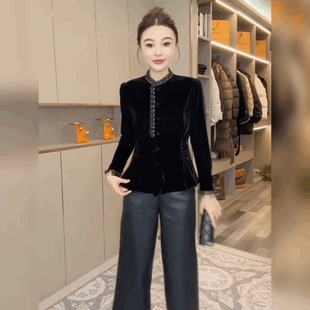 钉珠黑色法式上衣蕾丝边拼丝绒立领衬衫女气质国风盘扣收腰打底衫
