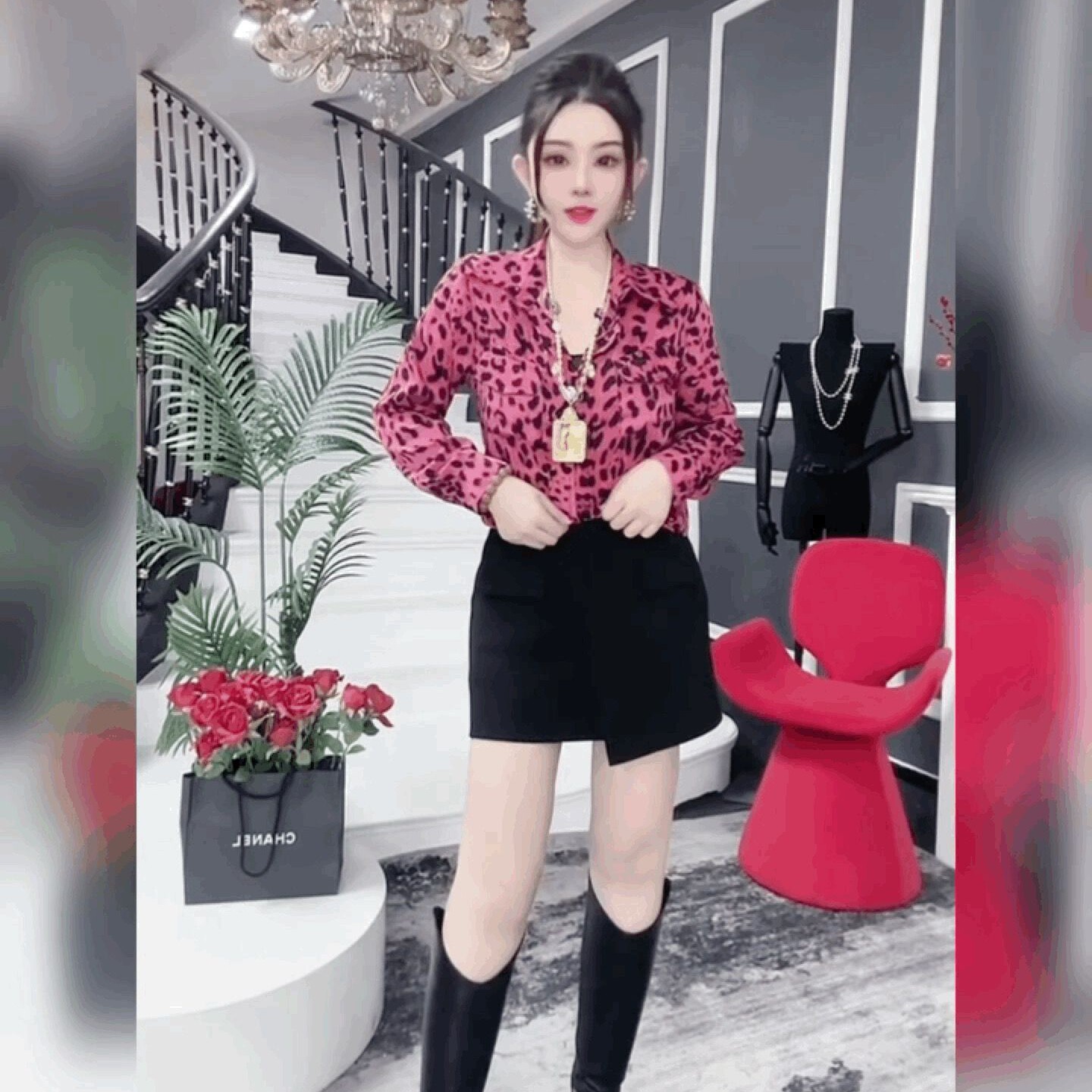 时髦玫粉色豹纹雪纺衬衫女高级感系带衬衣POLO领法式宽松百搭上衣