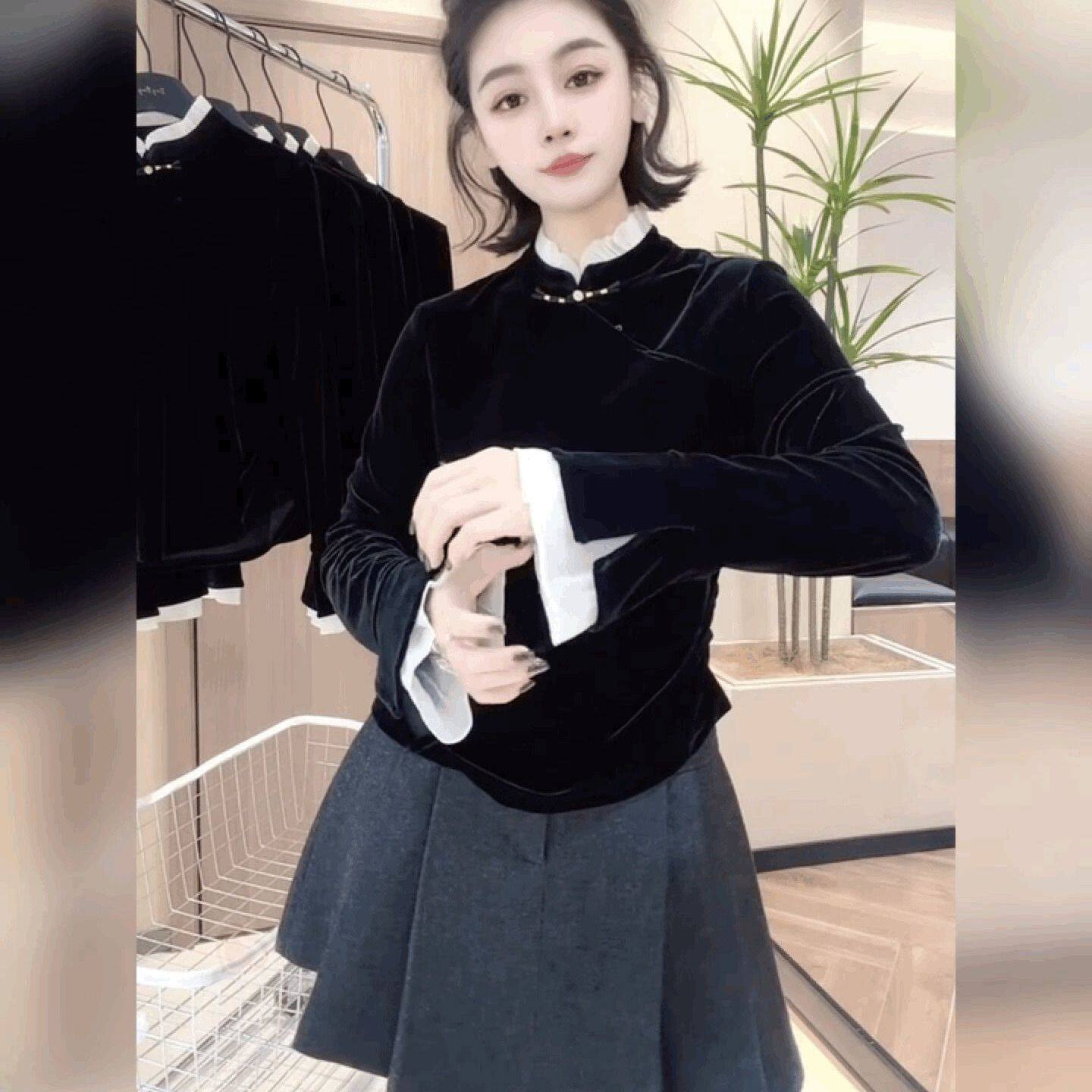 丝绒拼接雪纺T恤衬衫女盘扣喇叭袖打底衫新中式立领法式黑色上衣
