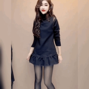 中长款 荷叶边裙子漏肩宽松小黑裙潮 蕾丝花边拼接连衣裙女洋气时尚