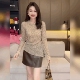 法式 修身 圆领上衣碎花设计感长袖 弹力不规则底边小衫 T恤打底衫 女