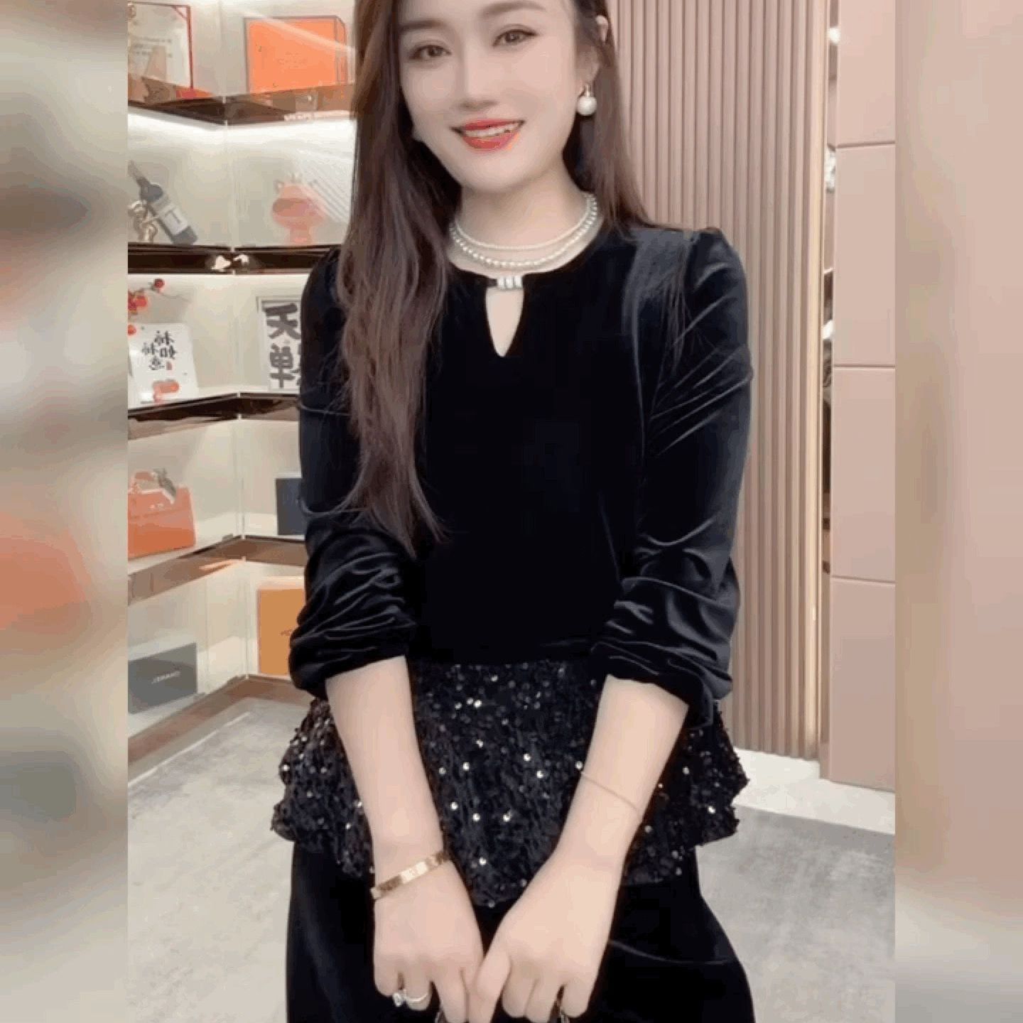 重工珍珠金丝绒T恤小众黑色上衣