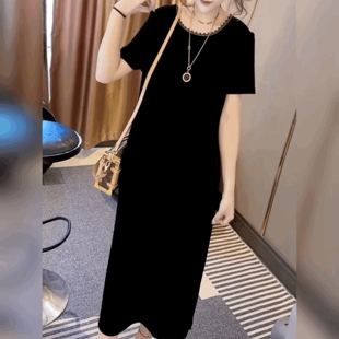 法式小黑裙短袖圆领连衣裙女镂空漏背蝴蝶结长款过膝冰丝绒连衣裙