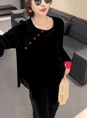 新中式金丝绒黑色唐装上衣国风复古丝绒T恤衬衫女圆领宽松打底衫