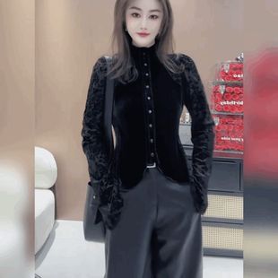 轻奢蕾丝植绒拼丝绒T恤衬衫女法式立领黑色上衣喇叭袖修身打底衫