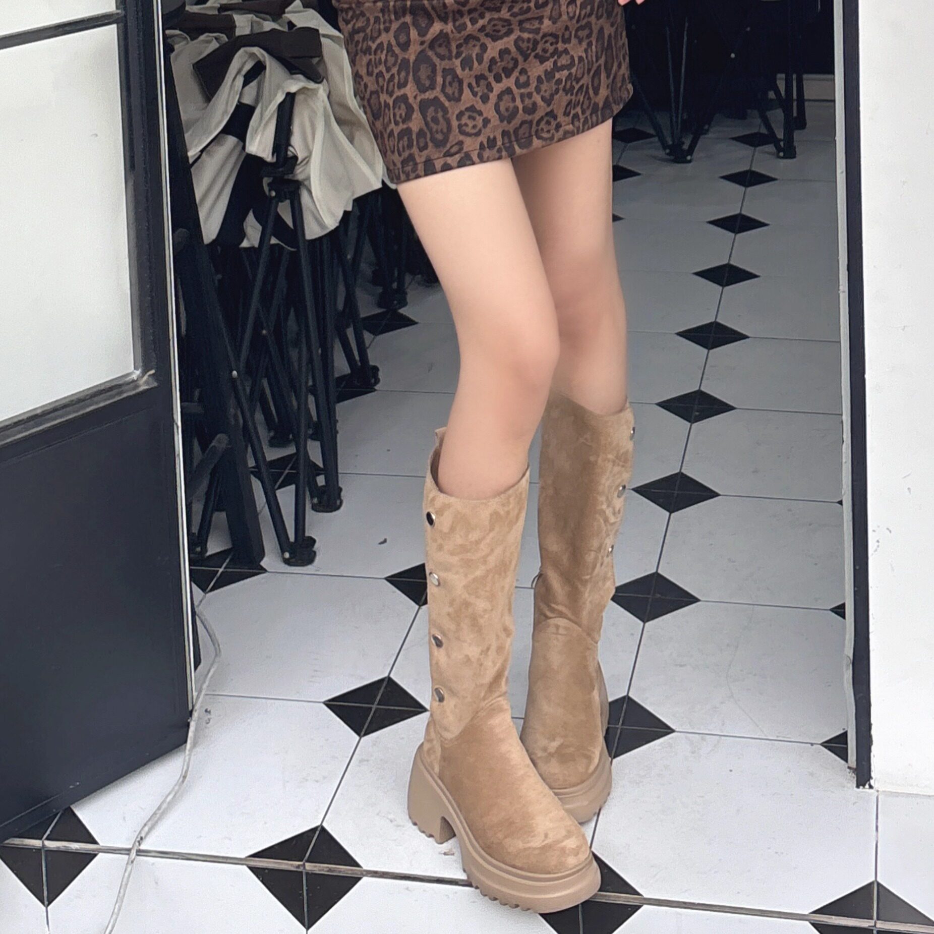 麂皮版真皮两穿翻折长筒靴女
