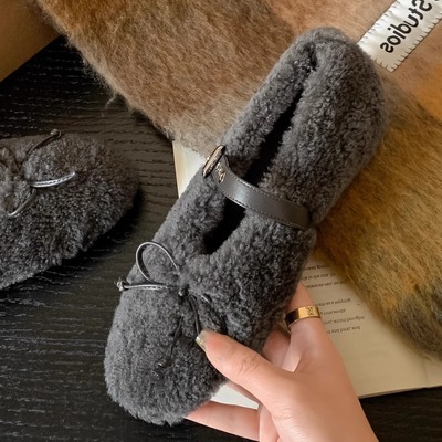 皮毛一体~miu风毛毛玛丽珍鞋女蝴蝶结一字带平底奶奶鞋芭蕾舞单鞋