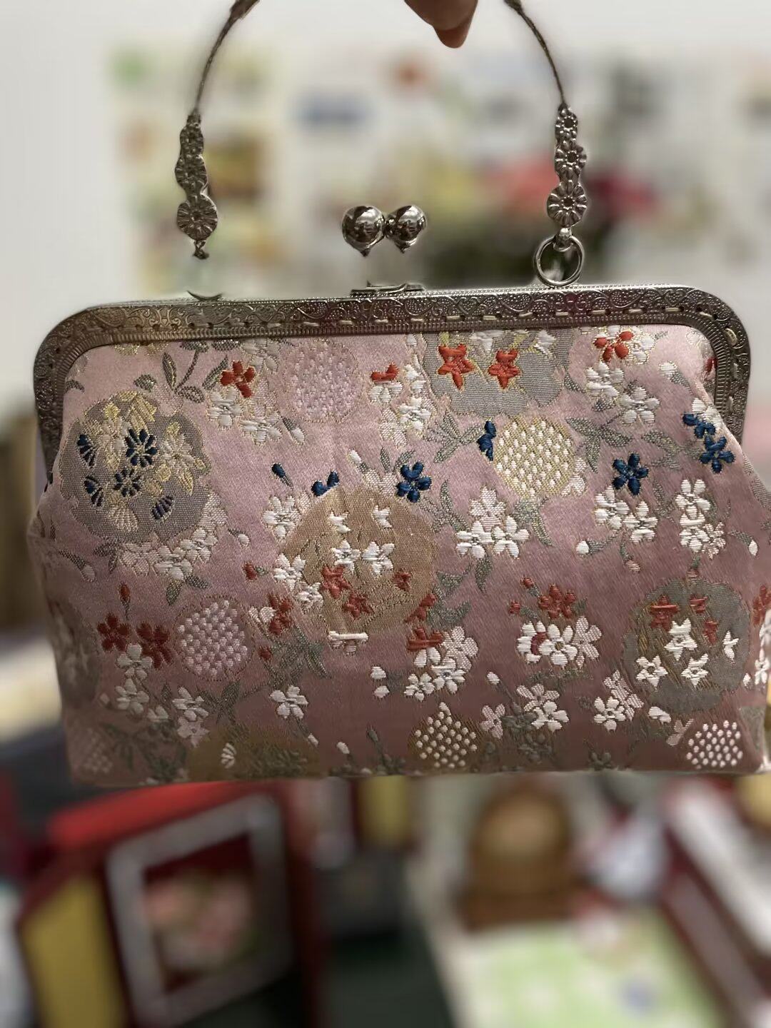 礼物礼品 包包 南京云锦 手包 包袋 粉色花纹手拎包时装包 硬壳包