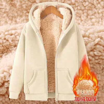 红豆秋冬季羊羔绒外套男重磅加绒加厚男士卫衣黑色上衣青少年连帽