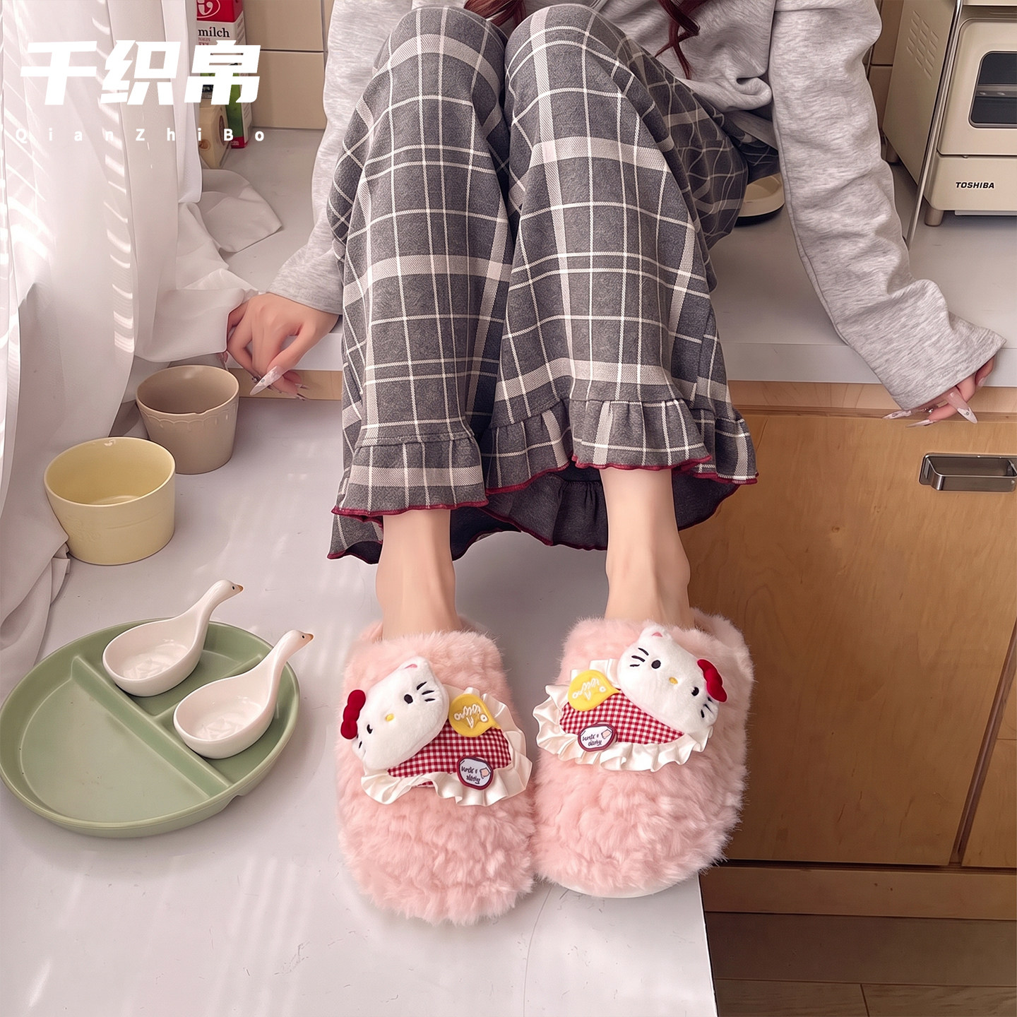 HelloKitty棉拖鞋女冬季2026新款半包跟毛绒穆勒拖可爱少女家居鞋