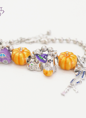 猫哩卟万圣节925银南瓜鬼魂紫色汽车紫蝴蝶串珠神秘搞怪创意手链