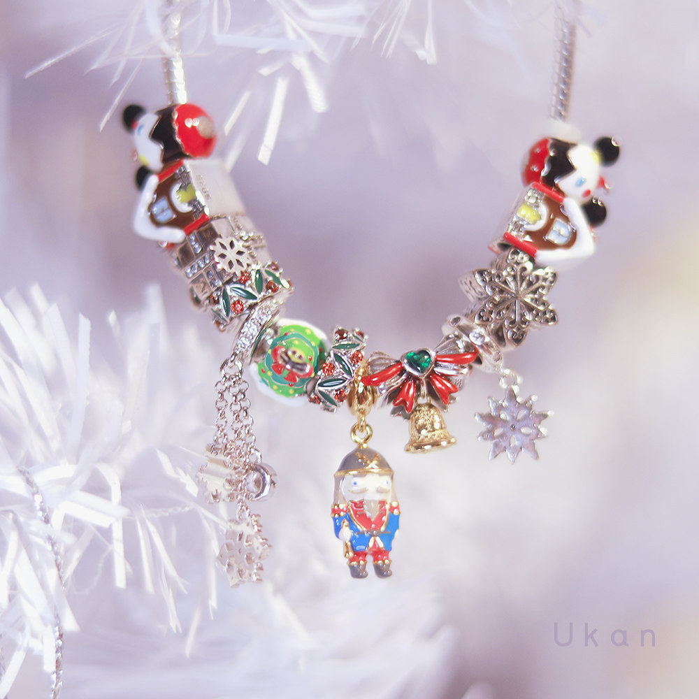 有看925银串珠欧美圣诞手链平安夜雪花吊坠蝴蝶结花环diy手镯珠子