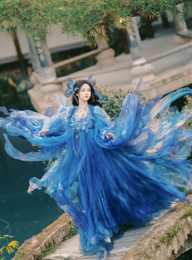 汉服女重工高级蓝色蝶语重工唐代襦裙诃子裙蝴蝶仙子仙侠大气秋季