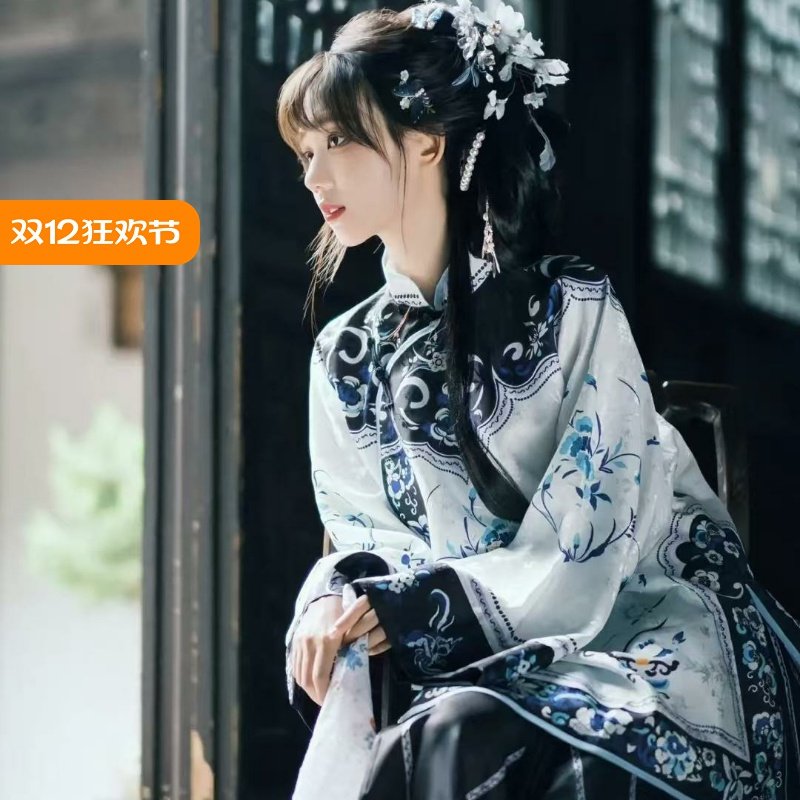 清汉女青花瓷上衣黑色马面裙新中式中国风套装宫廷风旗装立领汉服