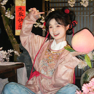 唐制汉服女粉色绣花圆领袍蓝色灯笼裤中国风套装汉元素日常小个子