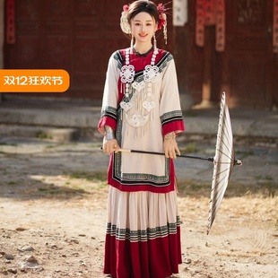 彝族服装 国风红色传统婚服旅拍舞蹈服 女改良苗疆少数民族风舞台装