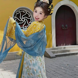 唐制汉服女2025新款齐胸诃子裙套装日常破裙黄色薄款活力网红小唐