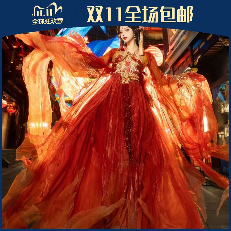 凤凰火汉服女大袖衫连衣裙古风诃子裙女唐制飘逸重工国风齐胸襦裙