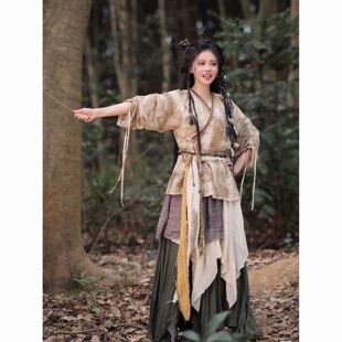 古风破碎感江湖侠女套装做旧棉麻武侠汉服乞丐装森林荒野cos服饰