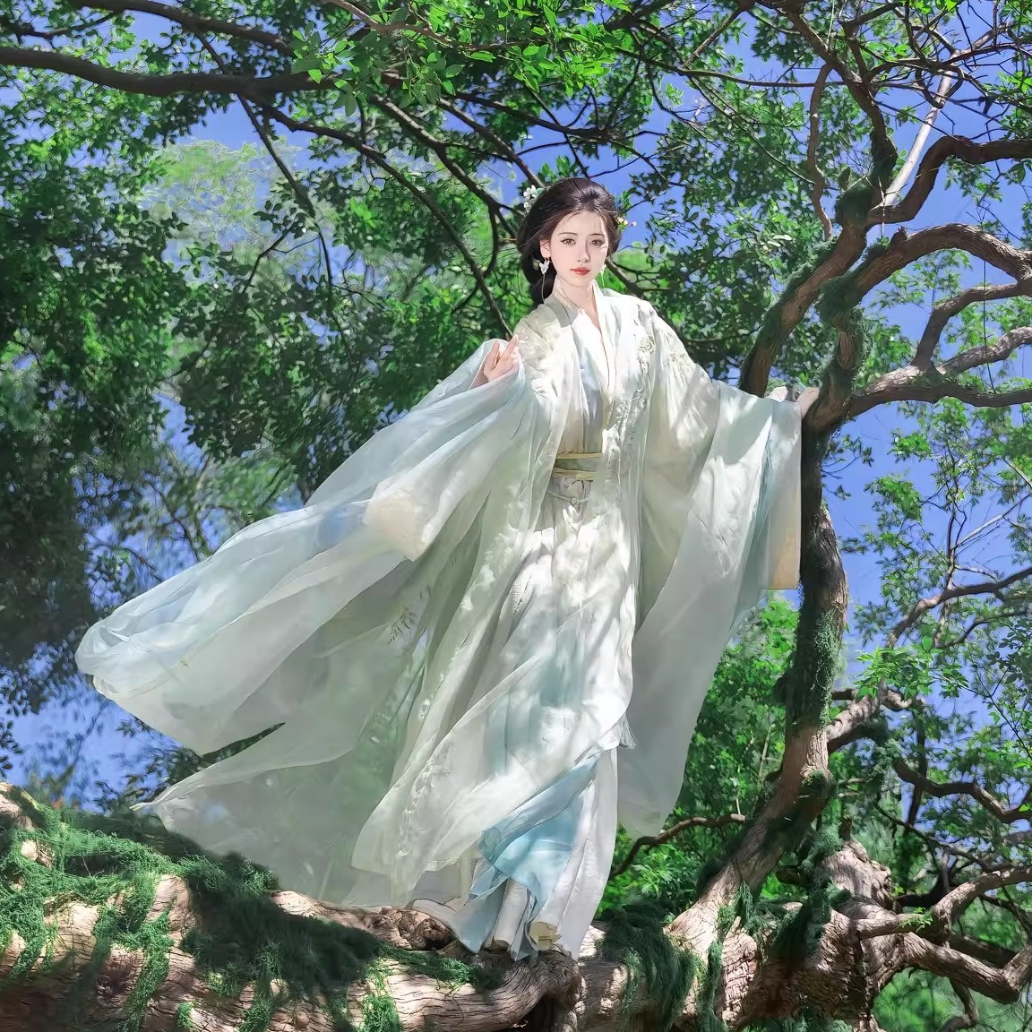 汉服女春秋战国袍魏晋战国袍清冷感仙侠齐腰洛神赋薄纱大袖小龙女