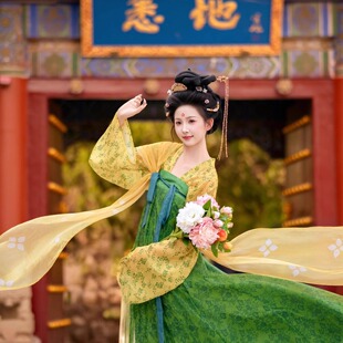 汉服女国色风华唐制甜美公主大小姐齐胸一片式襦裙黄绿小唐风2025