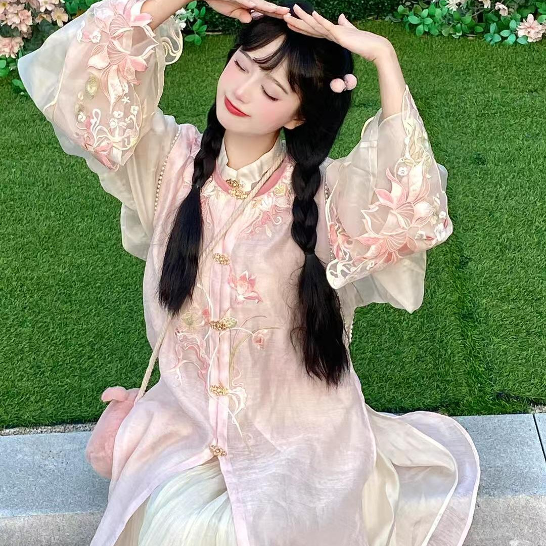 汉服女中国风古装马甲长衫套装日常可穿甜美古风对襟少女新中式