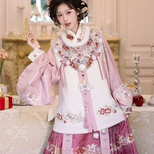马年2026年明制汉服套装女冬季加厚刺绣粉色拜年服古装女款高端