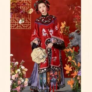 清汉女晚清晋商少奶奶对襟立领喜庆古风新娘婚服裙围红古董衣汉服