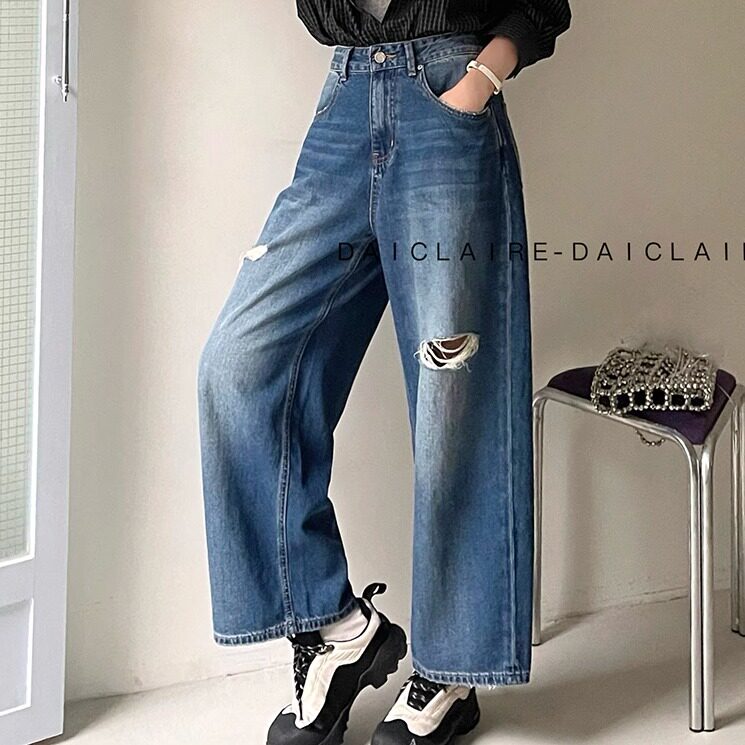 代嘉儿daiclaire牛仔裤女夏季薄款宽松显瘦破洞无弹弯刀裤99611