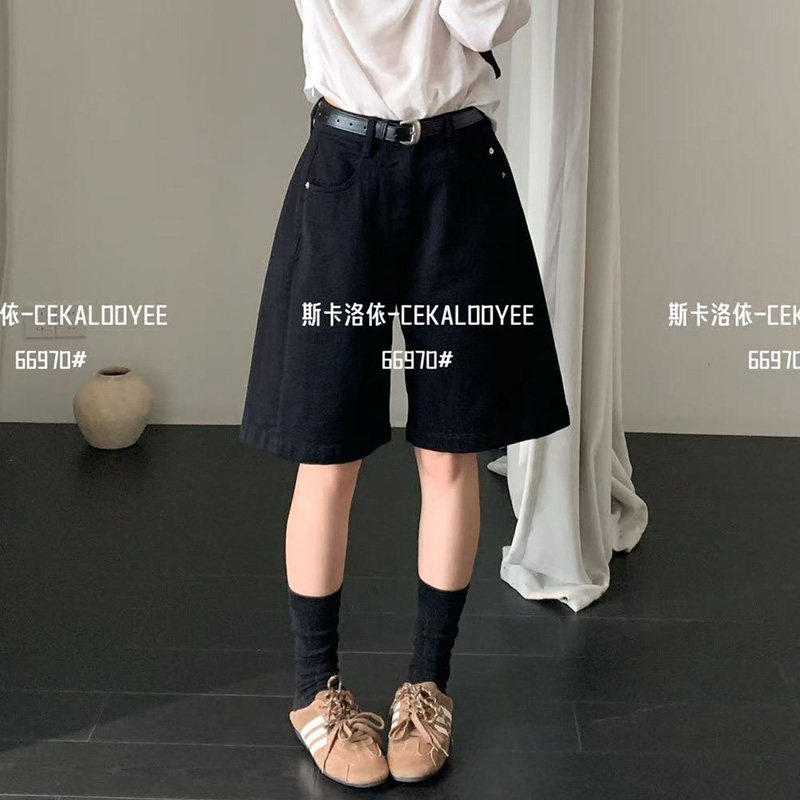 CKLY斯卡洛依66970新款夏季中腰配腰带牛仔短裤弹力黑色五分裤女