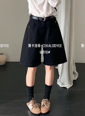 CKLY斯卡洛依66970新款夏季中腰配腰带牛仔短裤弹力黑色五分裤女