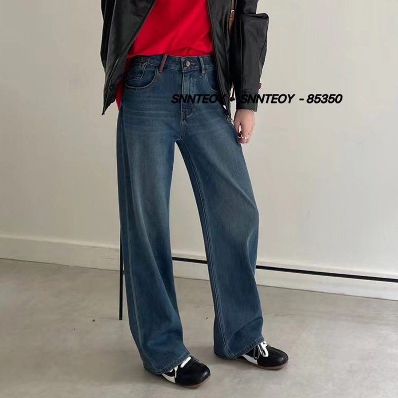 代嘉儿女刺绣蓝色阔腿长牛仔裤女