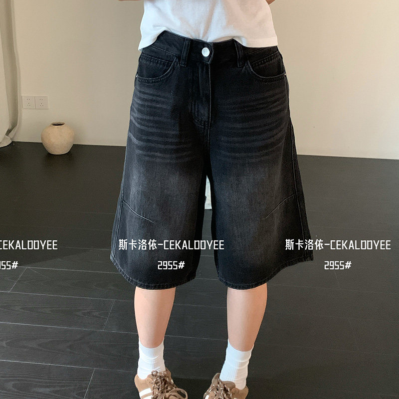 CKLY斯卡洛依2955新款夏季中腰宽松牛仔短裤无弹黑色五分裤中裤女
