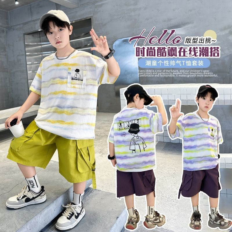男童夏季纯棉短袖T恤2025新款帅气时髦中大童时尚条纹圆领上衣潮