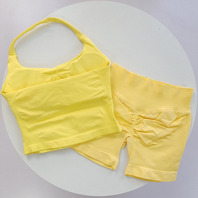 挂脖文胸粗肩带方领大露背紧身健身套装收腹高腰三分提臀瑜伽短裤