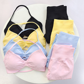 高腰提臀透气训练一根带挂脖美背运动套装 祖国版 欧美健身裤 dfy