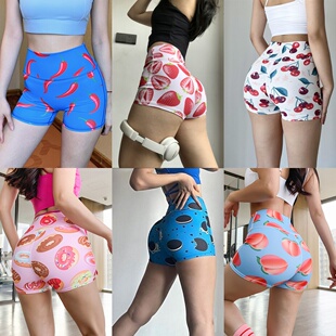 多巴胺亮色瑜伽裤水果印花蜜桃臀健身短裤女高腰裸感速干运动裤