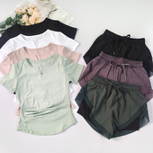 专业晨跑步运动瑜伽服套装 健身短袖 女V领褶皱显瘦紧身速干春夏季
