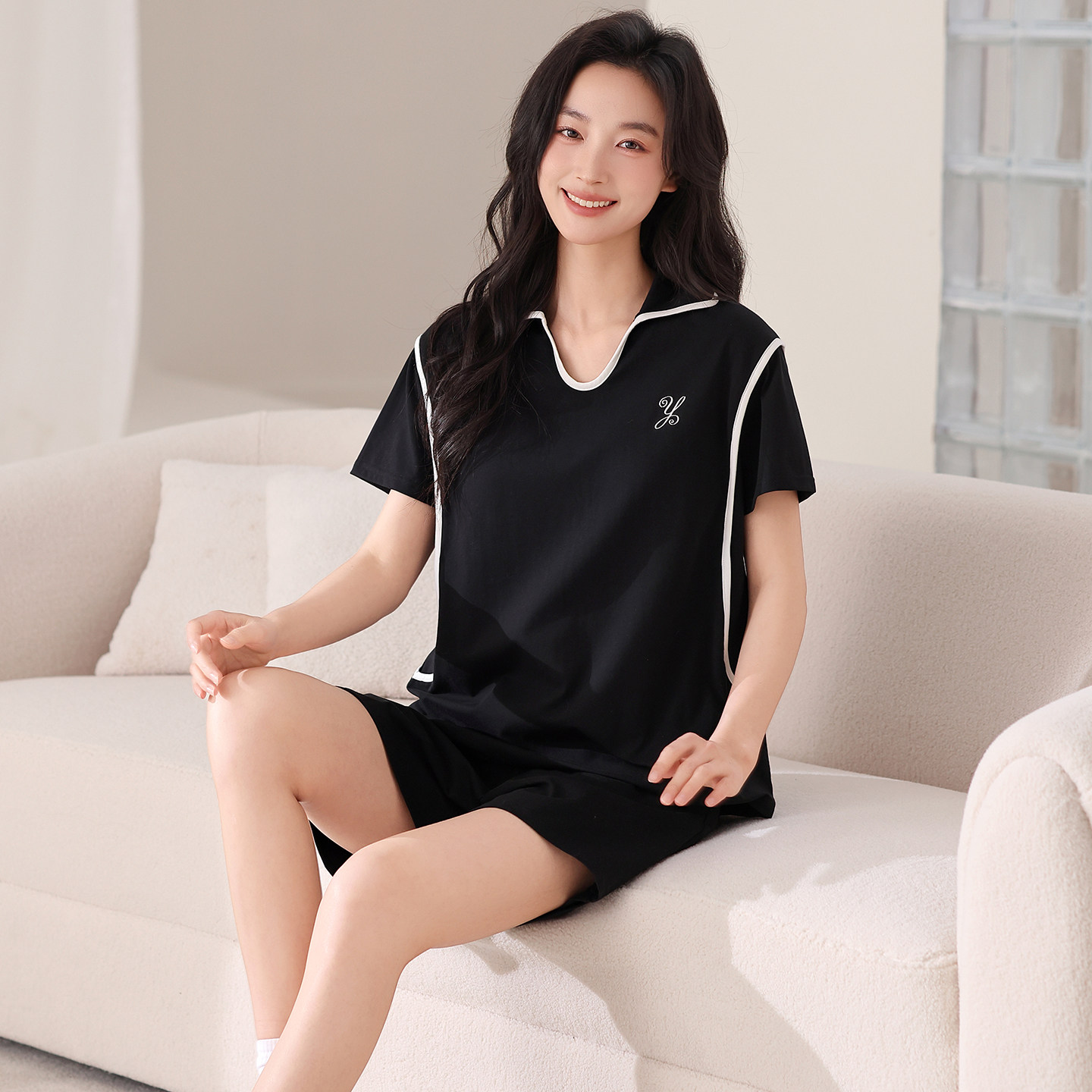 夏季纯棉带胸垫运动风短袖短裤睡衣女士休闲可外穿薄款家居服套装