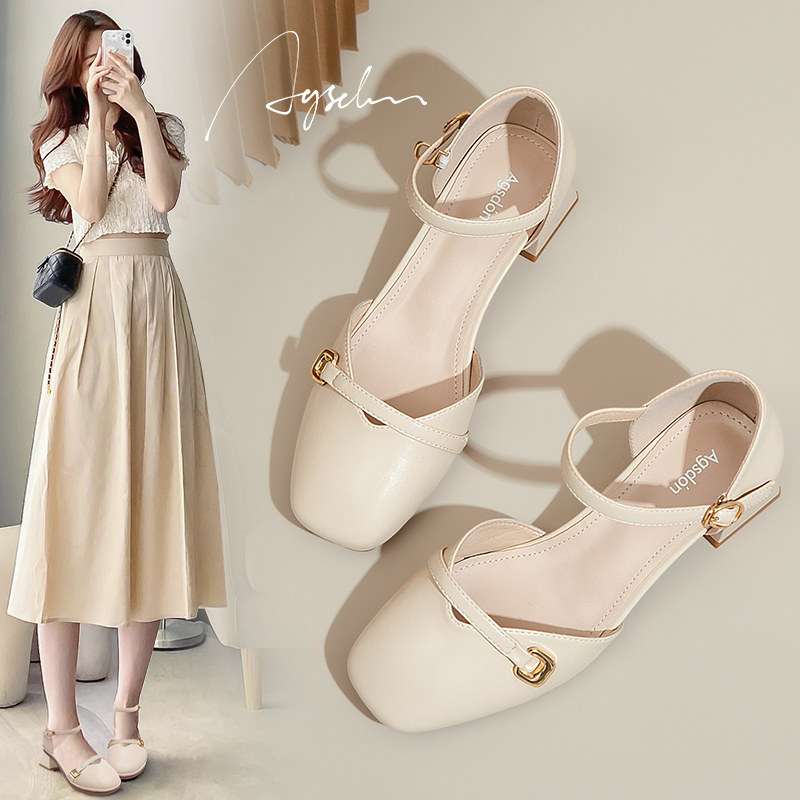 包头凉鞋女夏季外穿粗跟方头单鞋法式仙女风2023年新款中跟玛丽珍