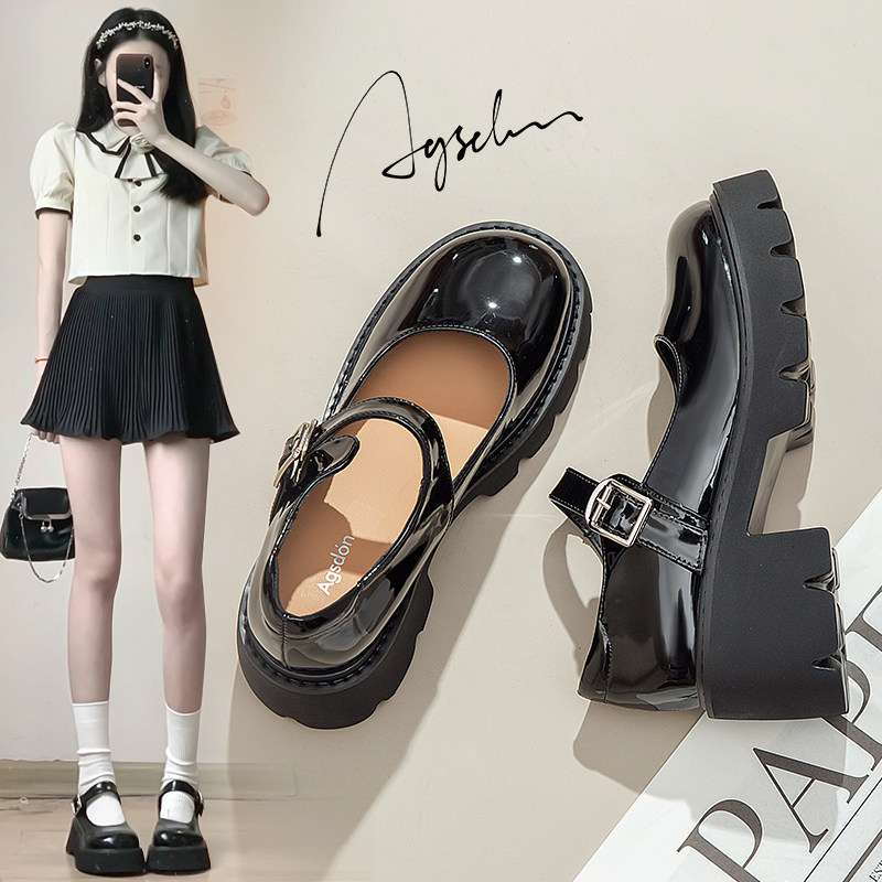 奥古狮登玛丽珍鞋女2023夏新款凉鞋单鞋日系jk厚底小皮鞋黑高跟鞋