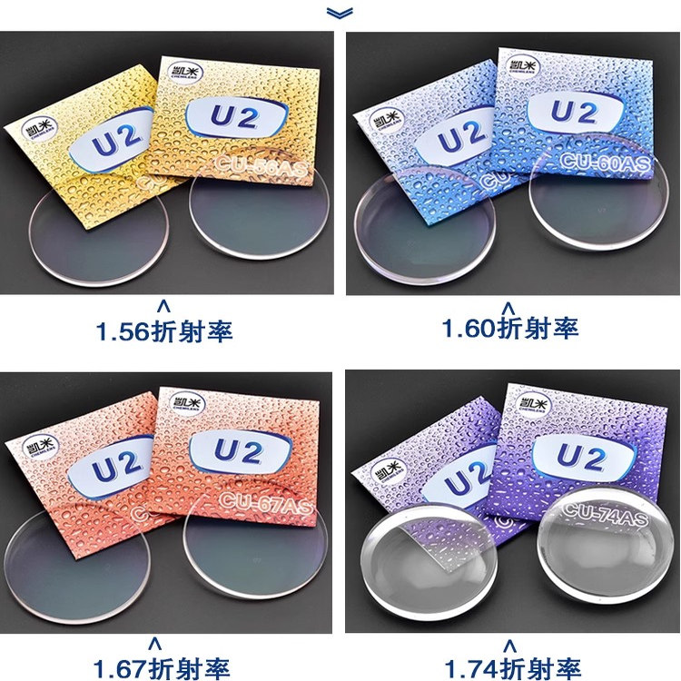韩国凯米镜片高度近视配镜超薄散光U6防蓝光眼镜片1.67U2眼镜